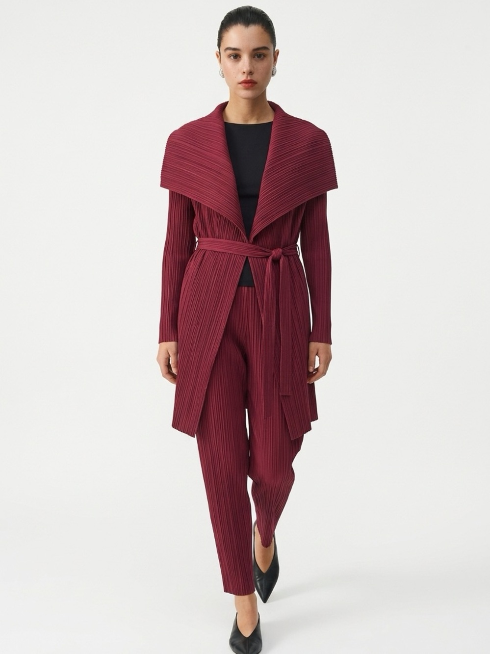 ADOLFO DOMINGUEZ | Burgundy Pleated Belted Drape Jacket Womenโs US Size 8